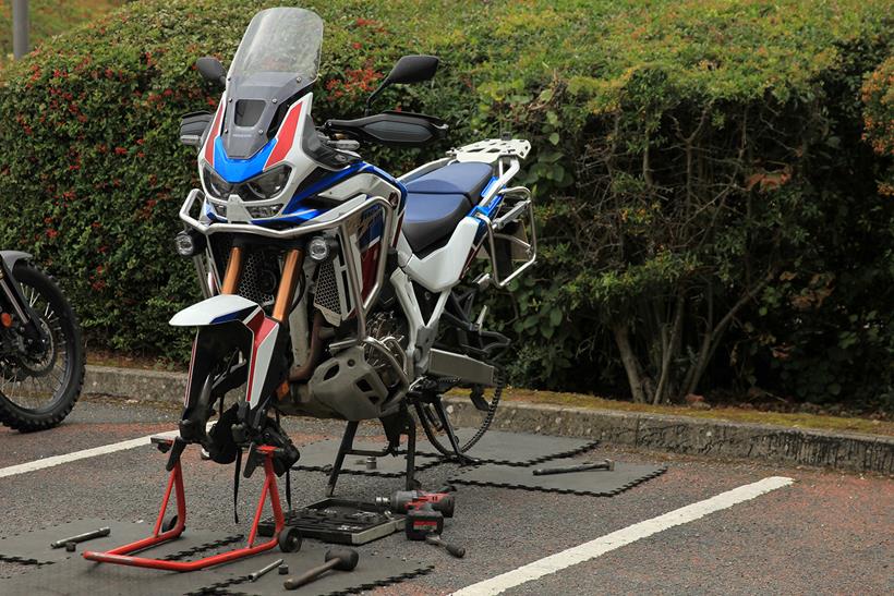 Having tyres changed on the Honda Africa Twin Adventure Sports