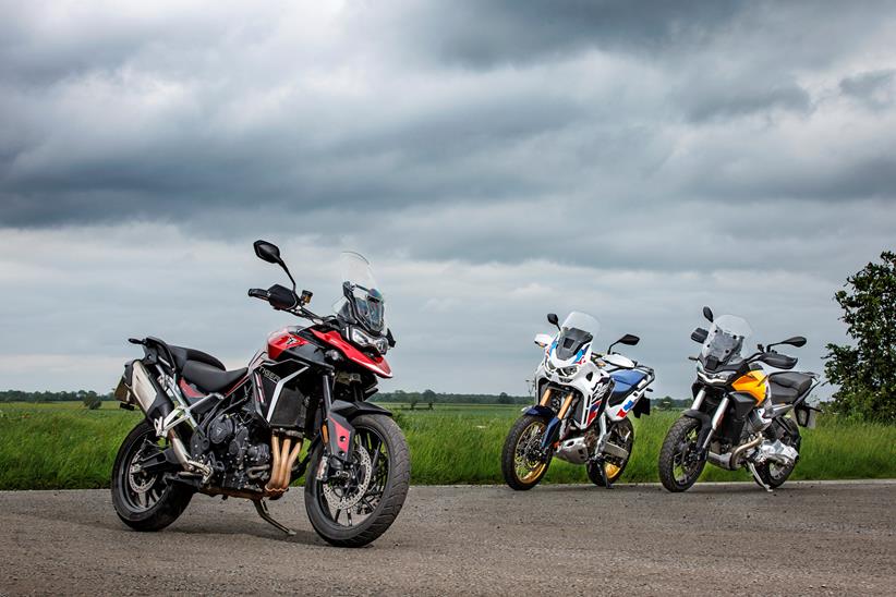 A group of adventure bikes