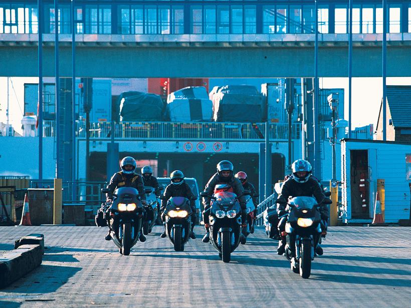 Bikers coming off the Isle of Man Steam Packet Ferry for the TT