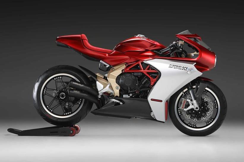 A side view of the MV Agusta Superveloce 800 Serie Oro