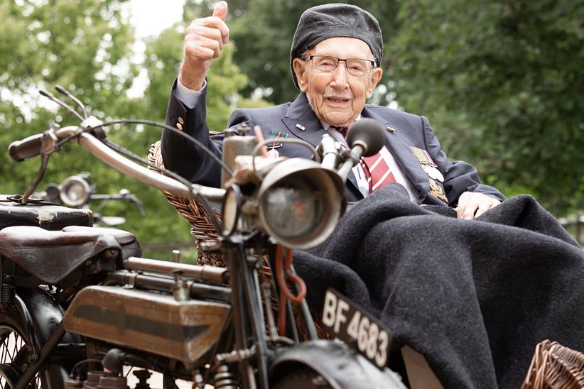 Captain Sir Tom Moore in sidecar