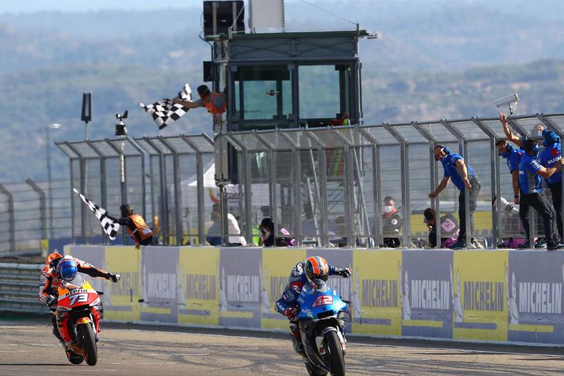 Alex Rins beats Alex Marquez to the line at Aragon