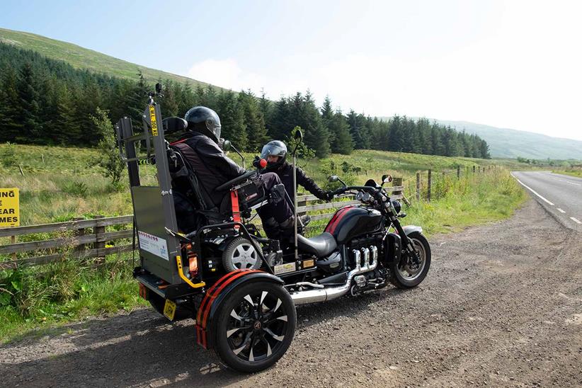 The Triumph Rocket 3 trike parked up on a ride. Credit: Mark Freegard