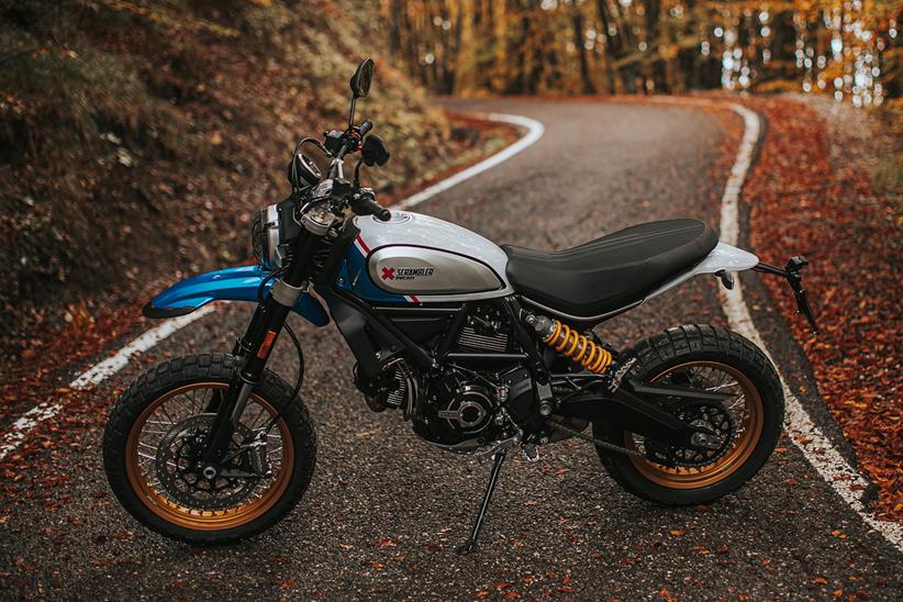 2021 Ducati Scrambler Desert Sled in blue in the road