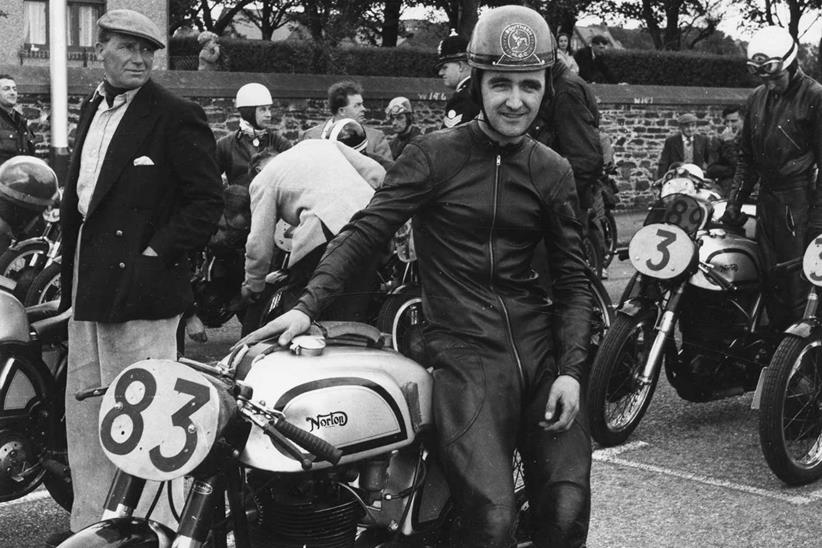 Alan Holmes before the start of the Senior Manx Grand Prix Practice in 1957