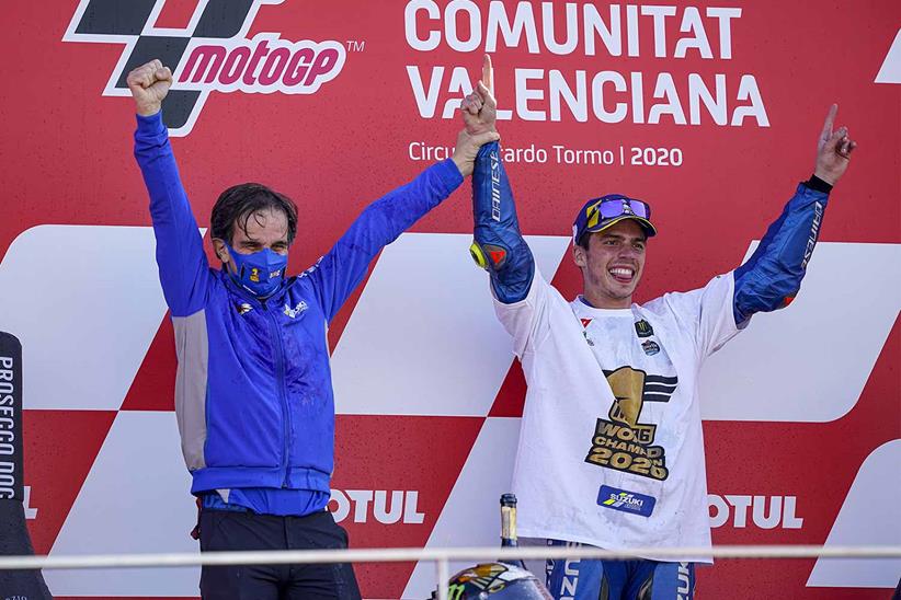 Joan Mir celebrates with Davide Brivio after becoming MotoGP world champion