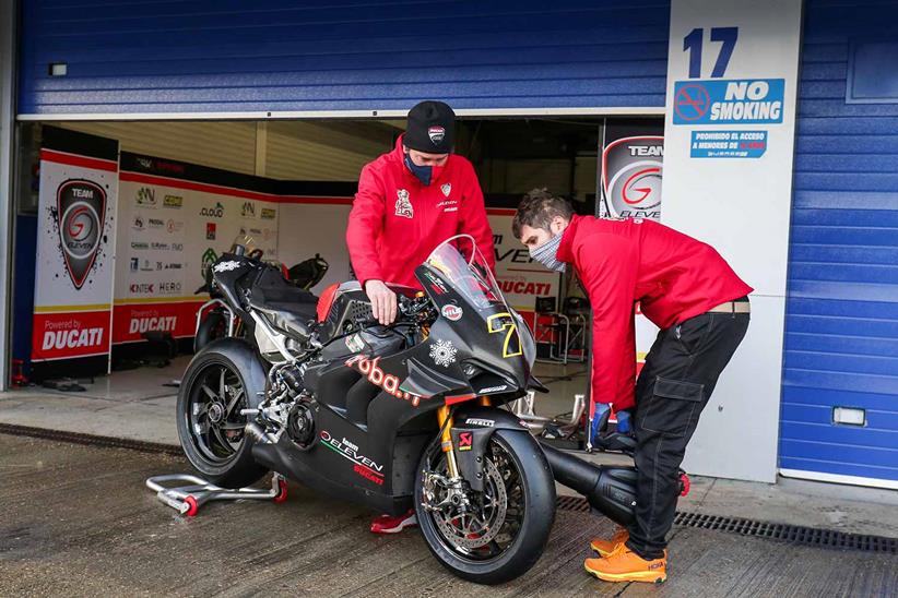 Chaz Davies' Team Go Eleven Ducati at a damp Jerez