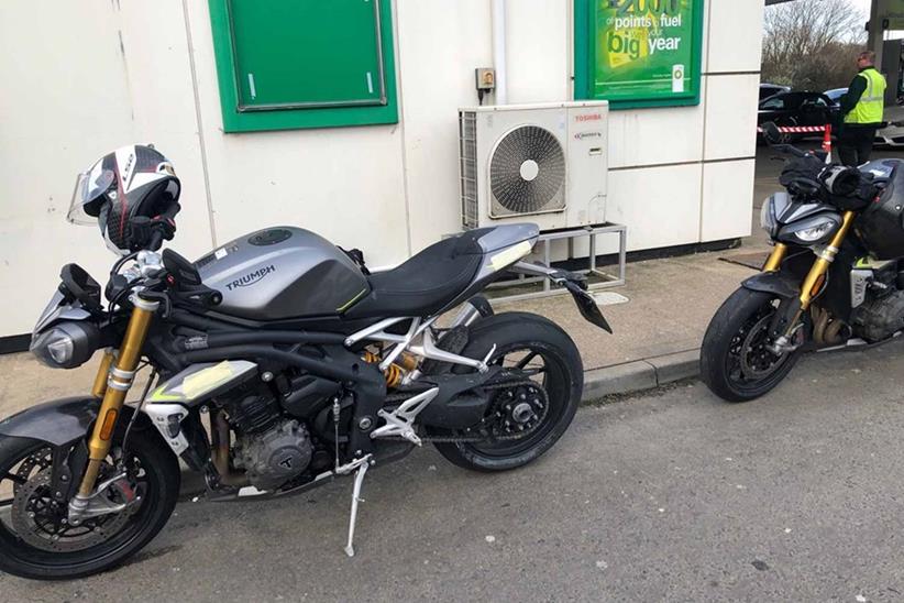 Triumph Speed Triple 1200 RS at UK fuel station