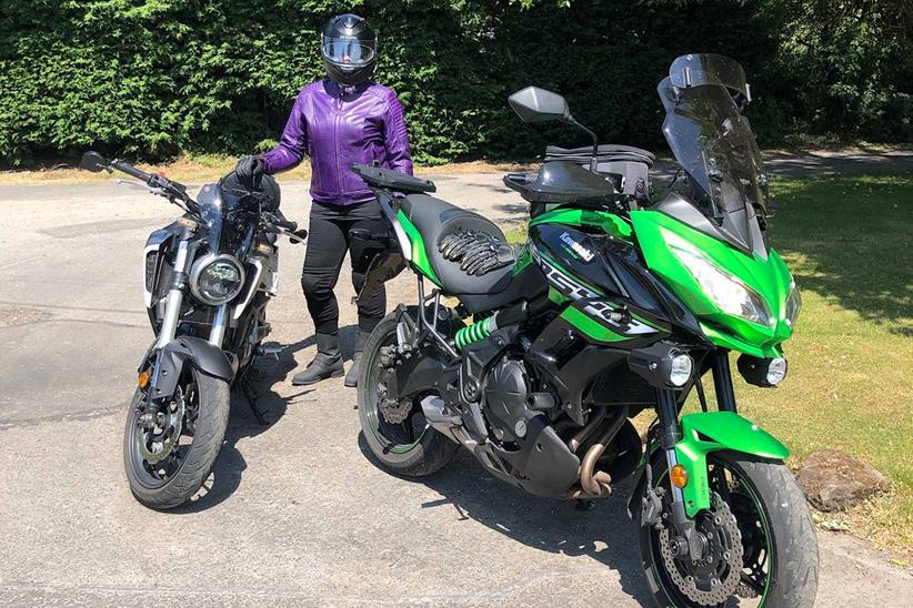 Angi Todd with her Honda CB125R and Andy's Kawasaki Versys 650