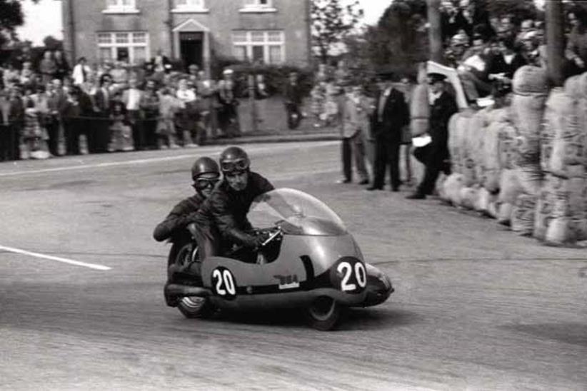 Chris Vincent & passenger Keith Scott at Cross Four Ways - 1963 Southern 100