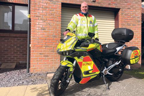 Volunteer rider John Baxter of Blood Bikes Scotland goes electric with a Zero SR/S