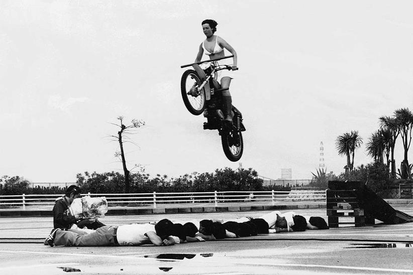 Mary travelled the world as a stunt rider. Here she’s jumping a TV crew in Japan