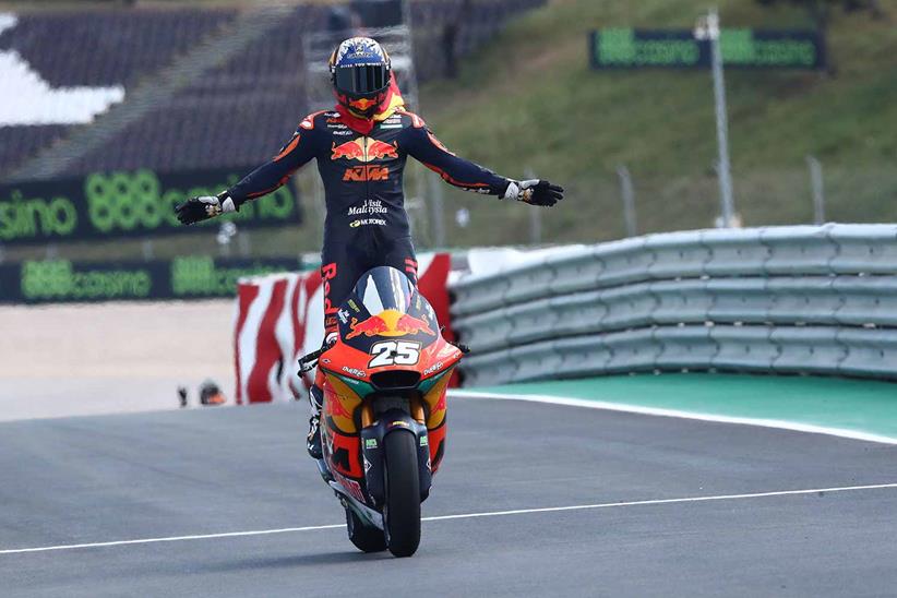 Raul Fernandez celebrates his maiden Moto2 victory at Portimao