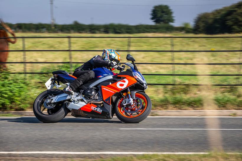 Leaning into a corner on the Aprilia RS 660