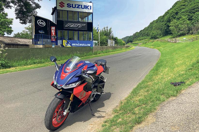 Stopping into Olivers Mount on the Aprilia RS 660