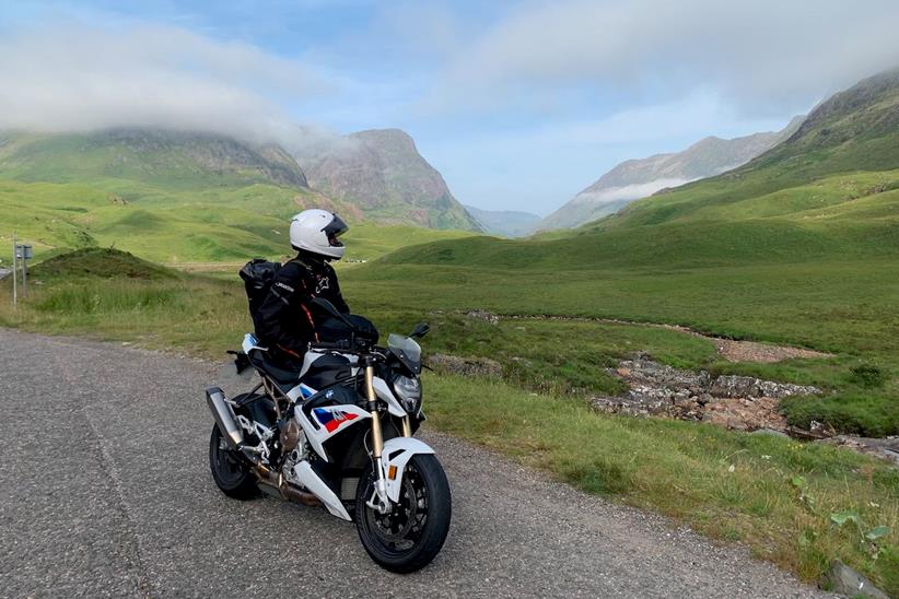 BMW S1000R in the mountains on the A82