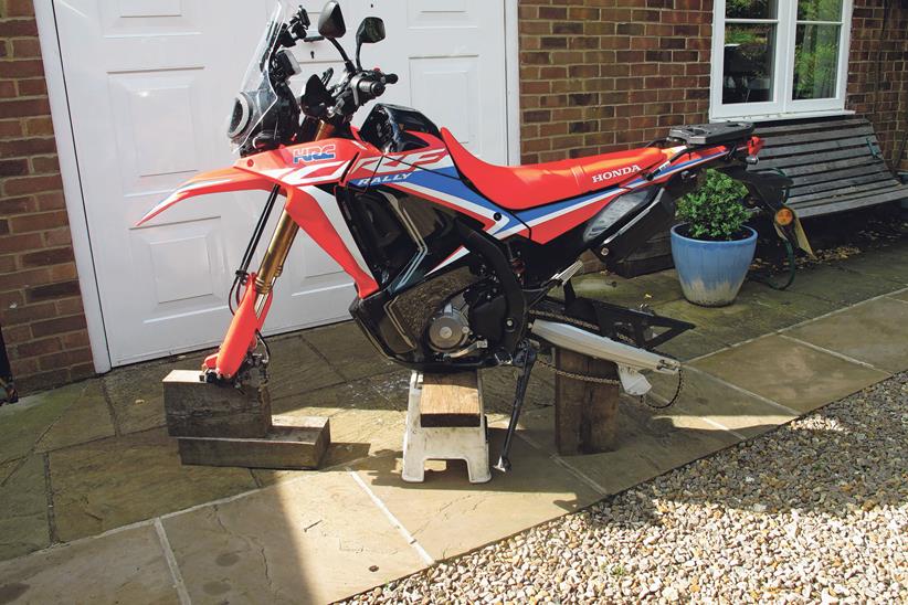 Honda CRF300 Rally up on blocks