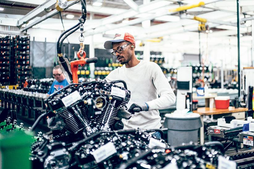 Harley-Davidson engine on the factory assembly line