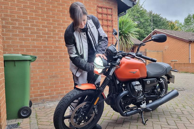 Checking out the headlight on the Moto Guzzi V7