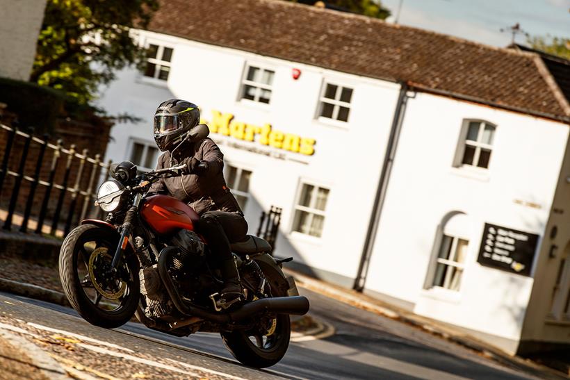 Cornering in town on a Moto Guzzi V7