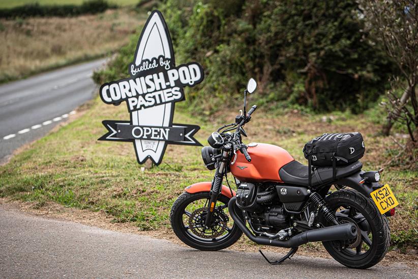 Stopping for a Cornish Pasty on the Moto Guzzi V7