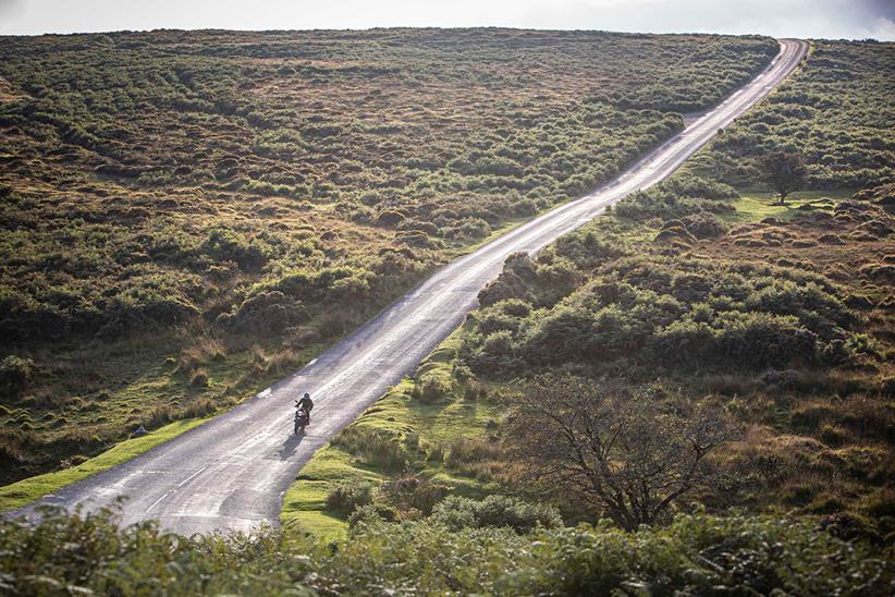 Moto Guzzi V7 in Dartmoor landscape