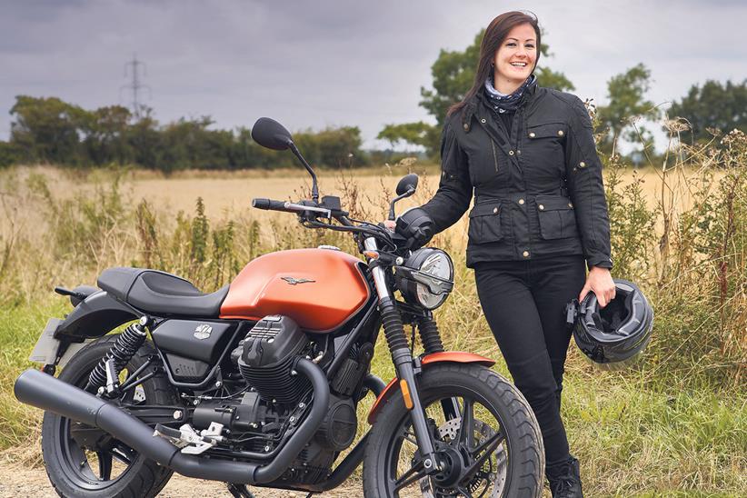 Saffron stands with the Moto Guzzi V7 Stone