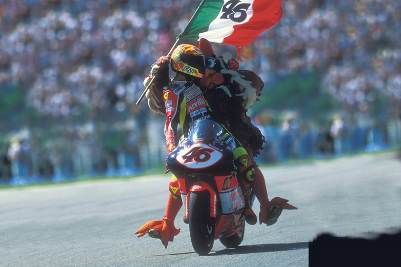 Rossi celebrates a victory with a chicken