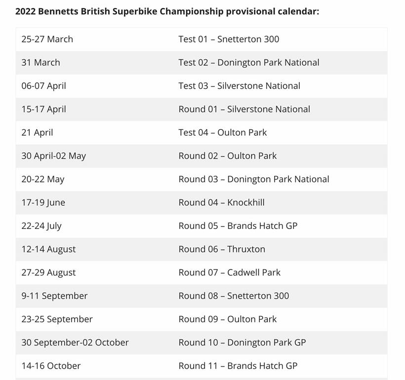 Provisional 2022 BSB Calendar