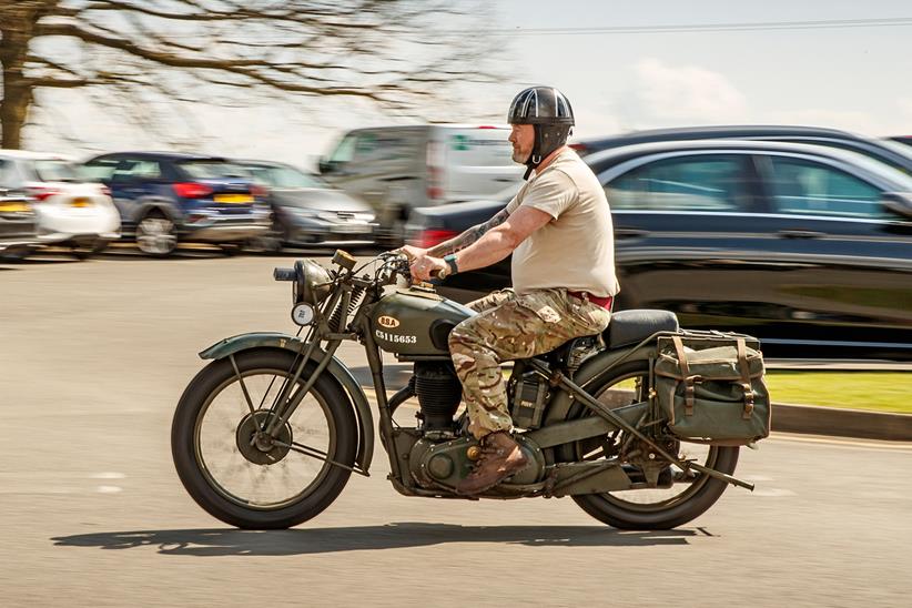 Restored BSA M20 despatch bike being ridden