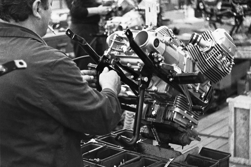 Moto Guzzi engine on the production line