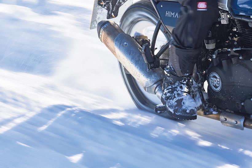 A spinning rear wheel on the Royal Enfield Himalayan