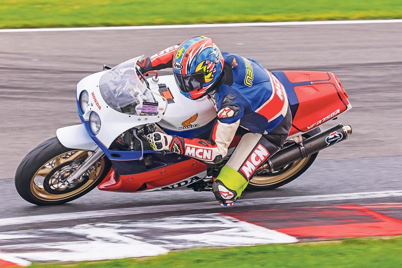 Riding the Honda RC30 road bike at Donington Park