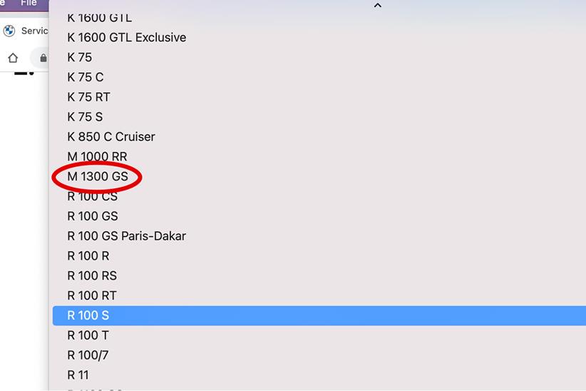 BMW M1300GS dropdown menu