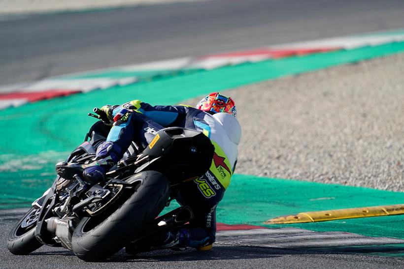 A rear view of the BMW S1000RR on track at Mugello