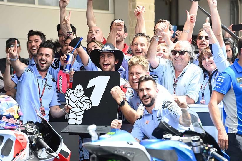 Enea Bastianini celebrates his second win of 2022 with the Gresini Racing team